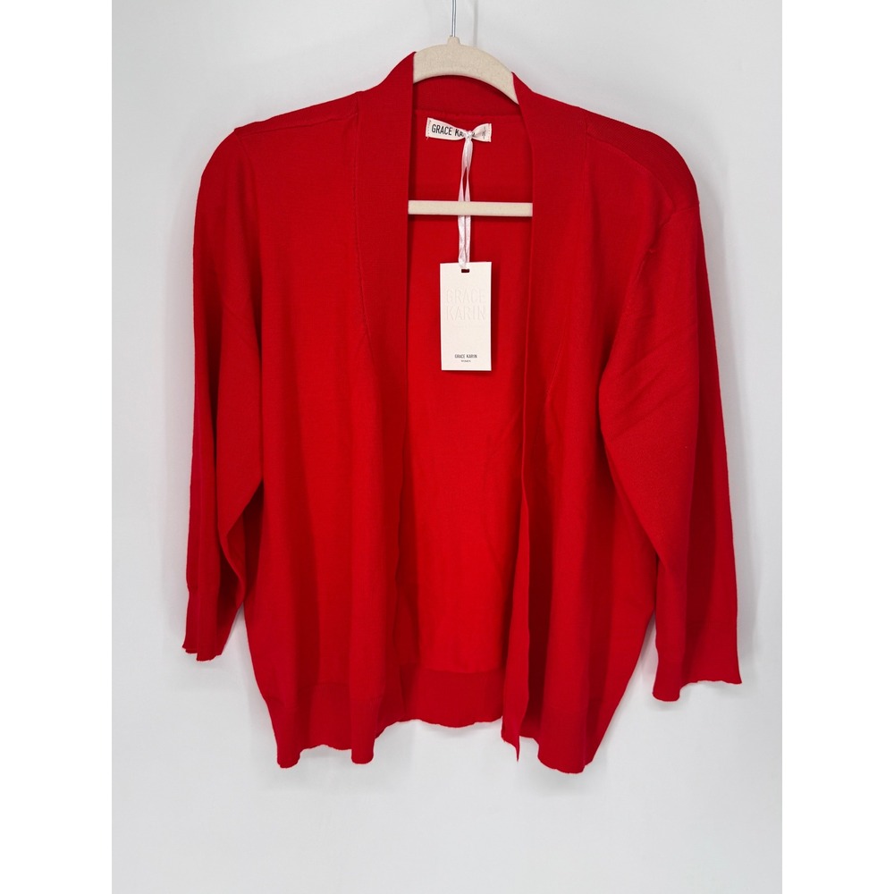 Grace Karin Cardigan Women 3XL Red NWT Open Front 3/4 Sleeve Lightweight Knit